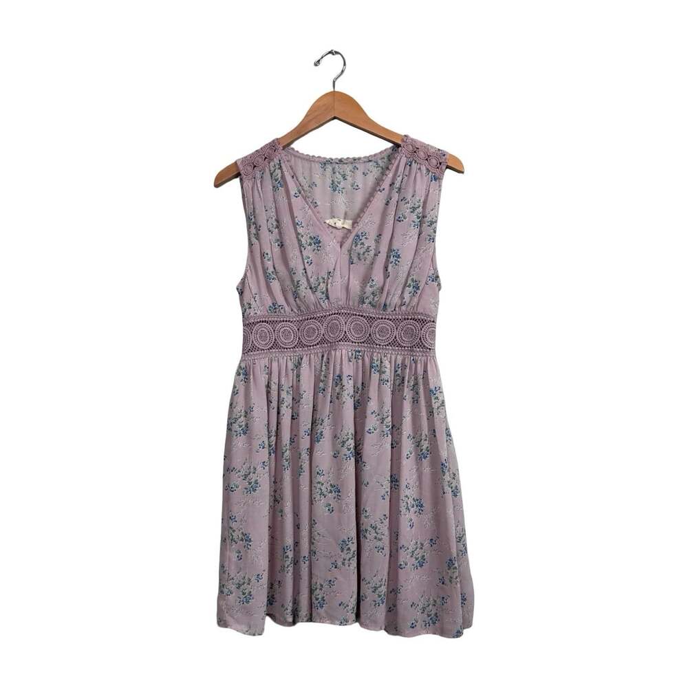 Entro Pink Floral Chiffon V-Neck Sleeveless Crochet Waist Lined Dress Size M